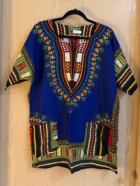 African Print Dashiki Tunic Dress Royal Blue Multicolor Pockets M